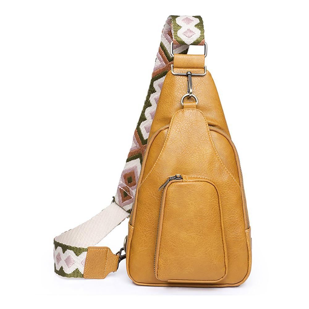 Solid Faux Leather Sling Bag With Adjustable Guitar Strap