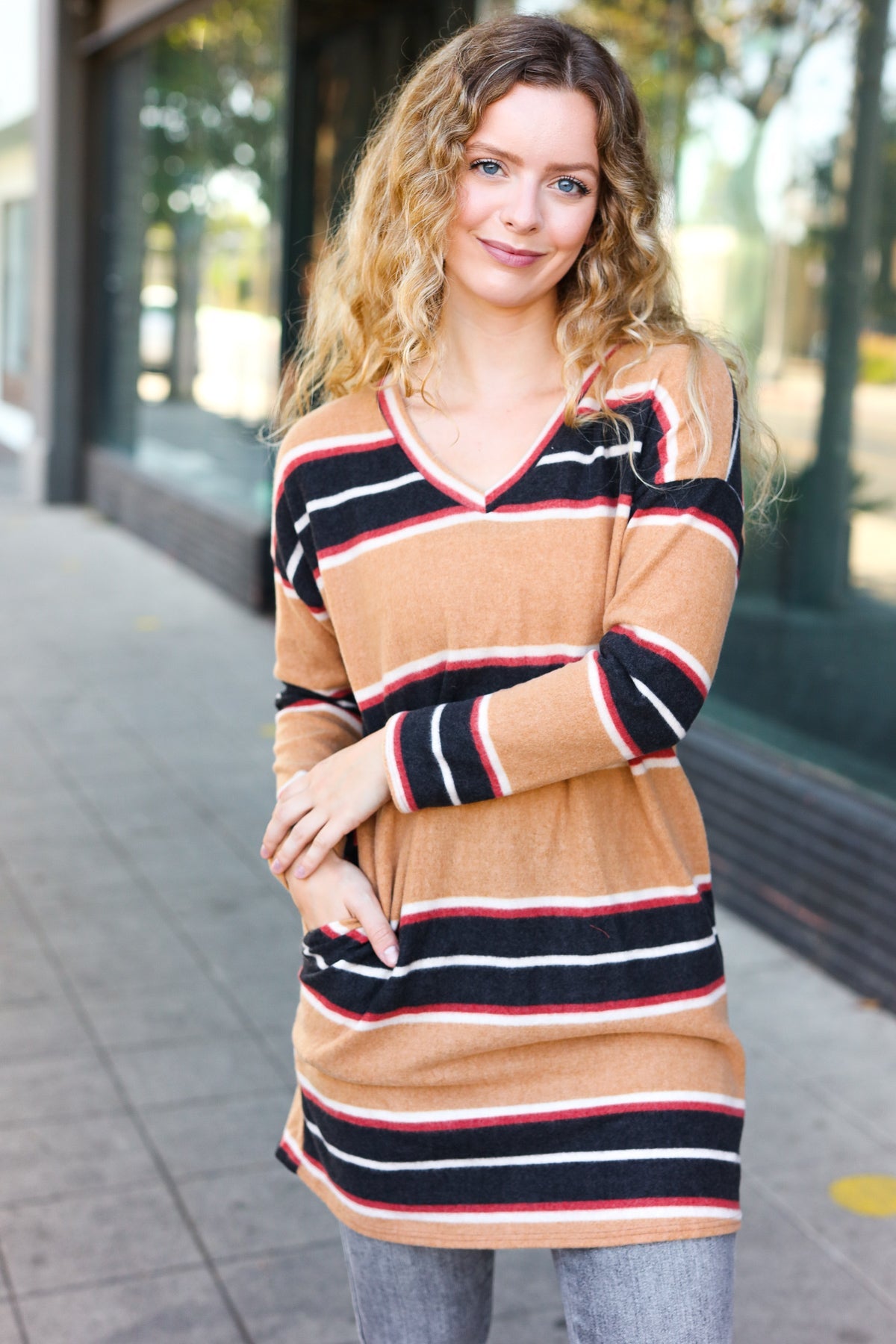 Casual Chic Taupe Hacci Stripe Pocketed Tunic/Dress Banks Boutique Casual Chic Taupe Hacci Stripe Pocketed Tunic/Dress Banks Boutique