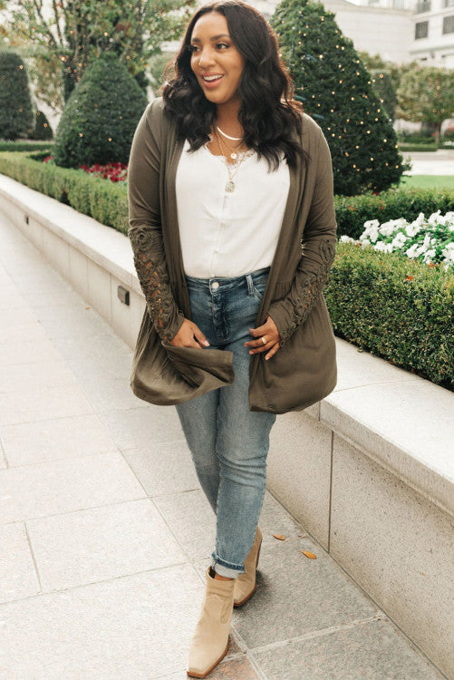 Green Crochet Lace Sleeve Cardigan-Curvy