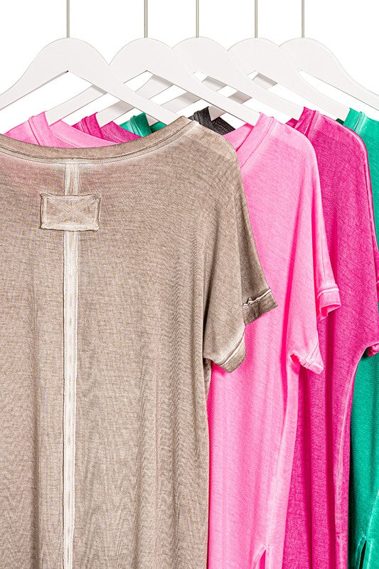 ZENANA WASHED SHORT SLEEVE V-NECK TOP W HI-LOW HEM