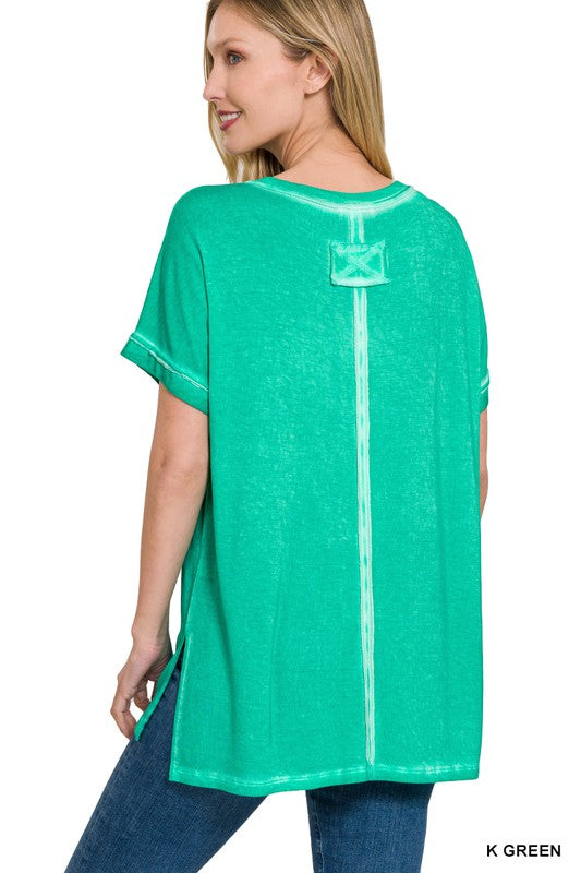 ZENANA WASHED SHORT SLEEVE V-NECK TOP W HI-LOW HEM
