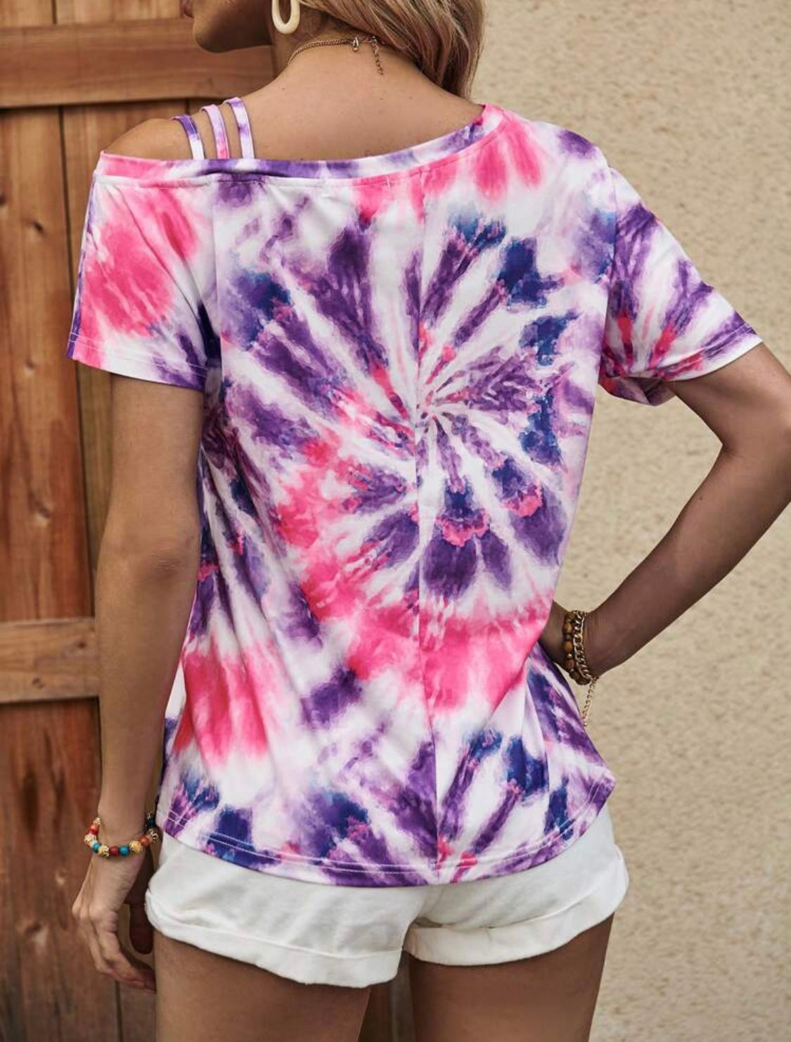Purple & Pink Tie Dye Cut Out Shoulder Top