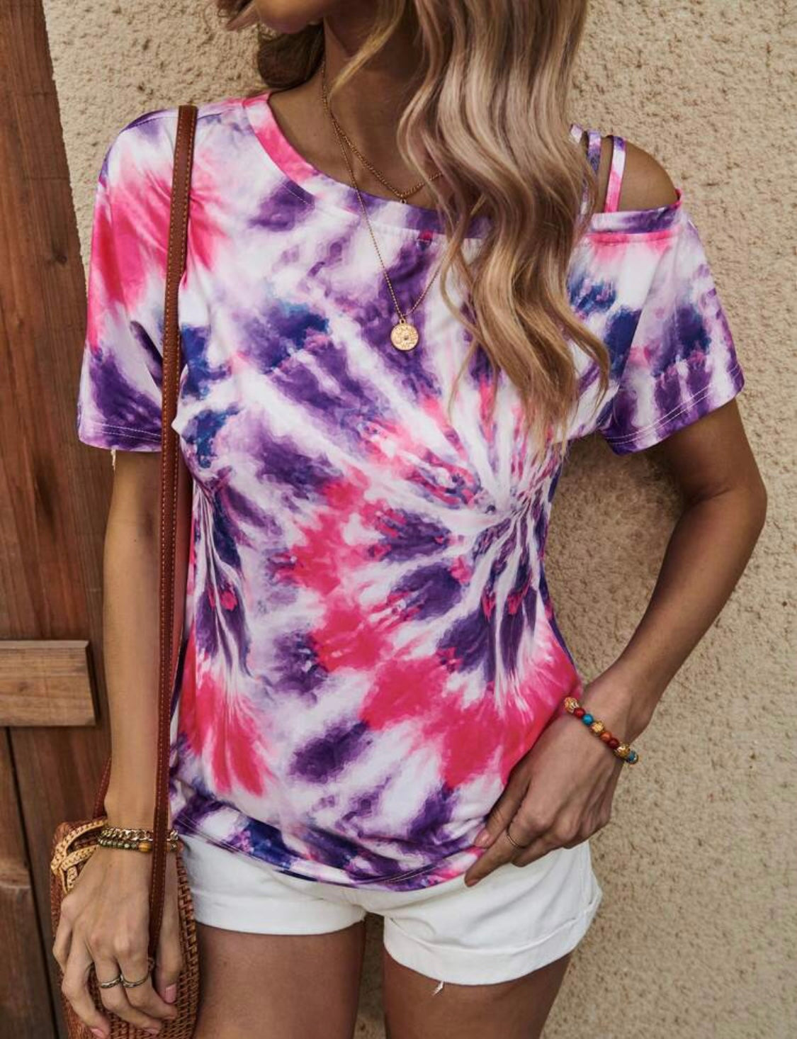Purple & Pink Tie Dye Cut Out Shoulder Top