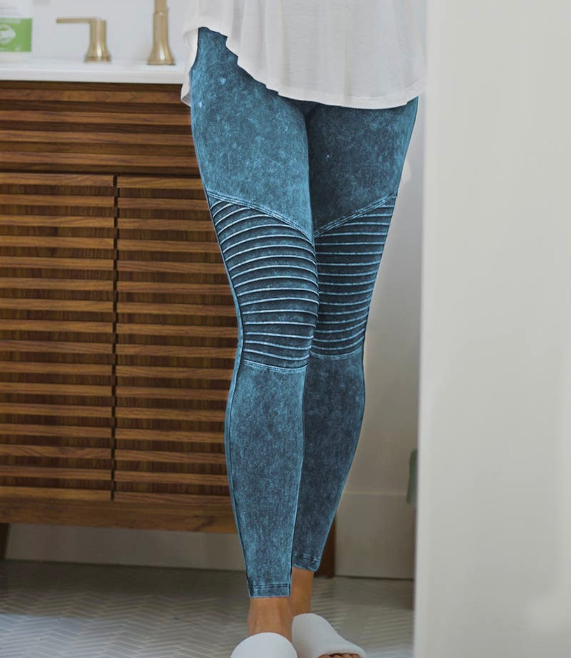 Zenana Deep Aqua Mineral Wash Motto Leggings