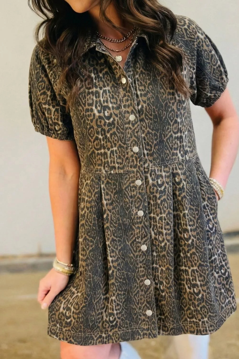 leopard denim dress Leopard Denim Flounce Mini Dress