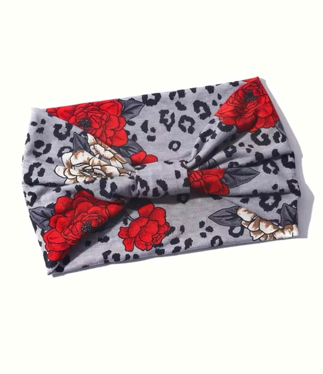 Red Floral Grayscale Leopard Print Yoga Headband