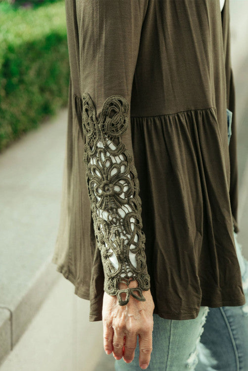 Green Crochet Lace Sleeve Cardigan-Curvy