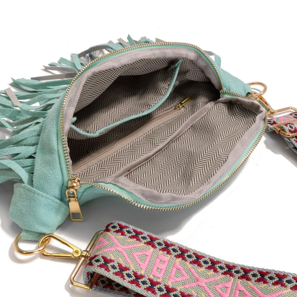 Faux Suede Fringe Sling Bag With Guitar Strap