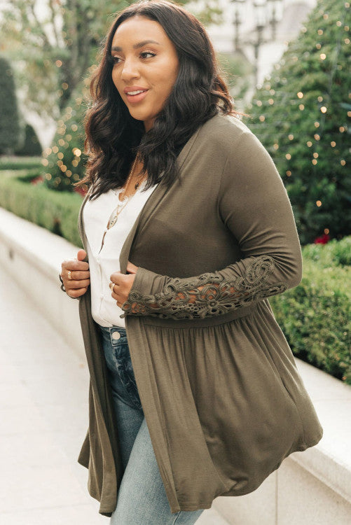 Green Crochet Lace Sleeve Cardigan-Curvy
