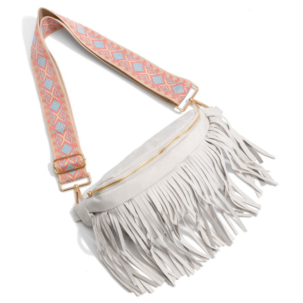 Faux Suede Fringe Sling Bag With Guitar Strap