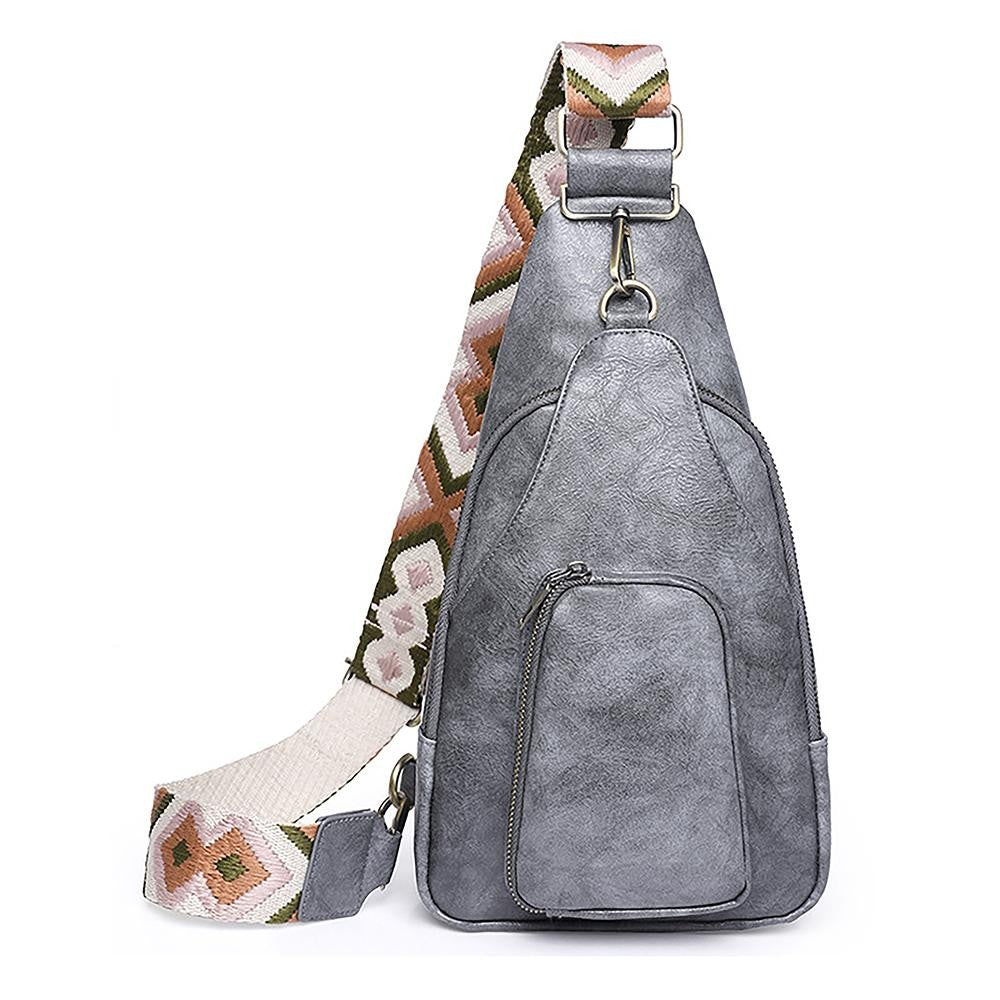 Solid Faux Leather Sling Bag With Adjustable Guitar Strap