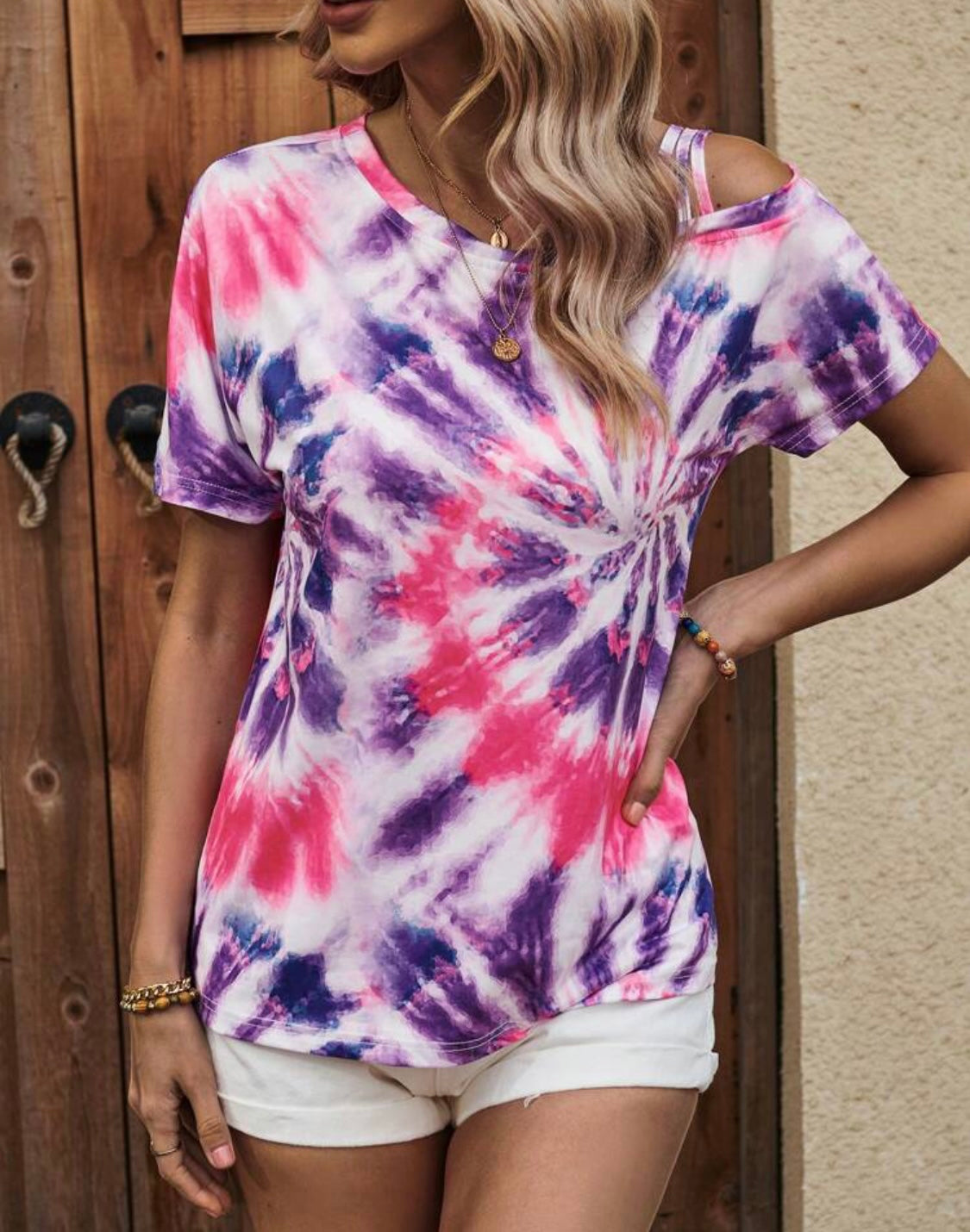 Purple & Pink Tie Dye Cut Out Shoulder Top