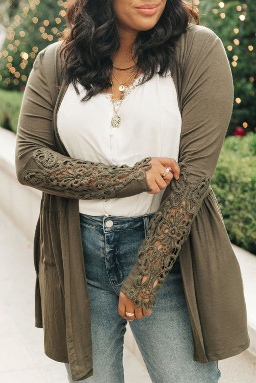 Green Crochet Lace Sleeve Cardigan-Curvy
