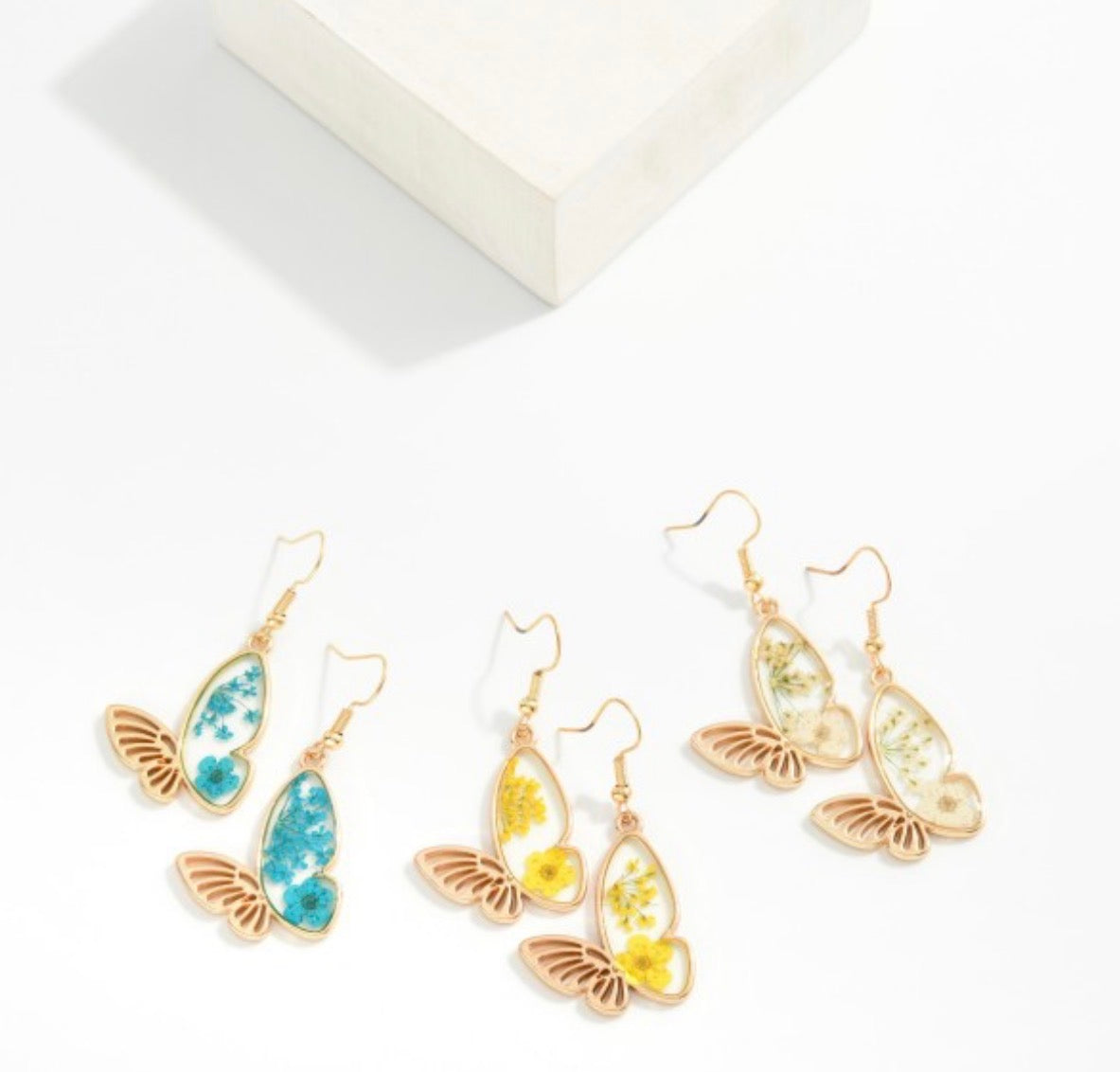 Resin Butterfly Drop Earrings With Flower Details