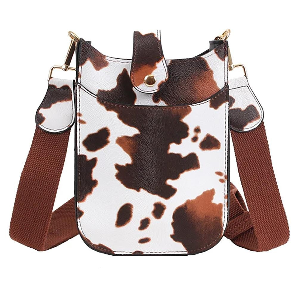 Vegan Leather Cow Print Cross Body Bag With Snap Latch Closure