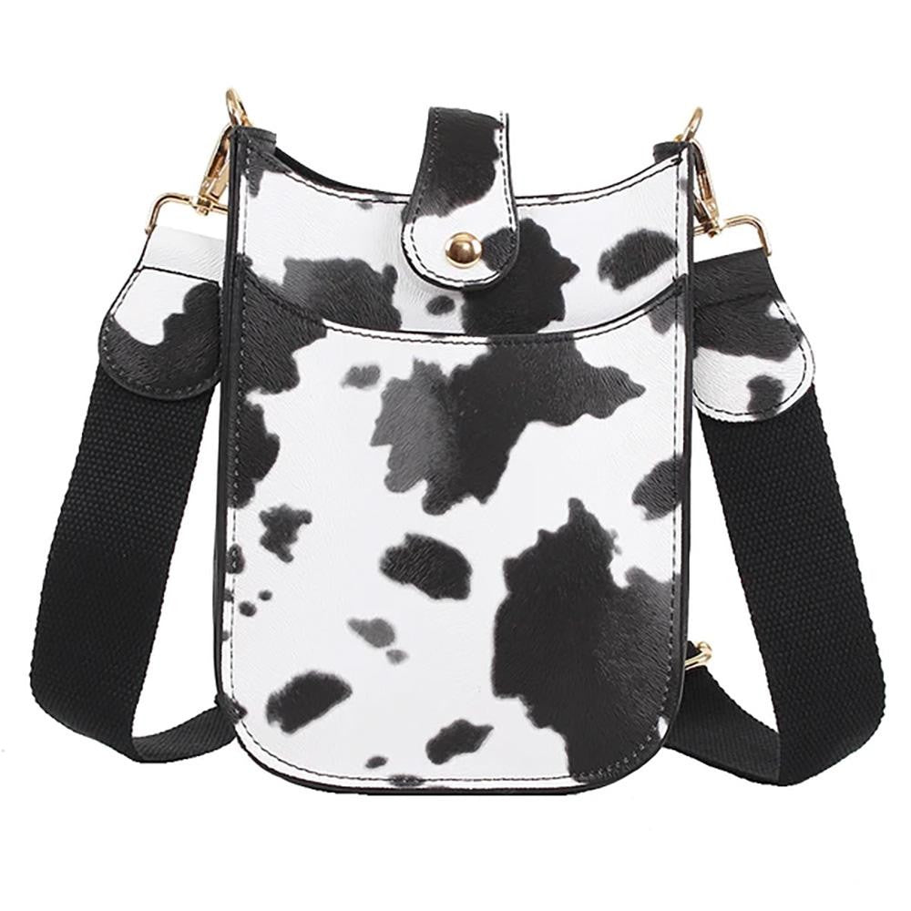 Vegan Leather Cow Print Cross Body Bag With Snap Latch Closure