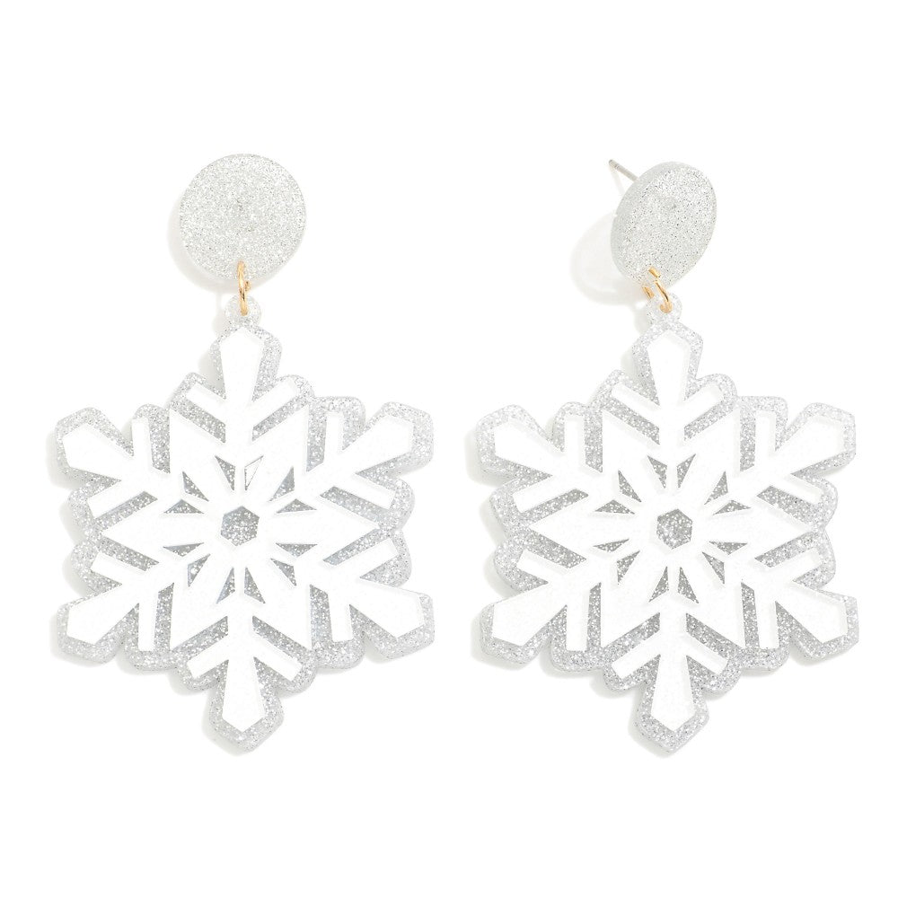 Glistening Glitter Acetate Layered Snowflake Post Drop Earrings