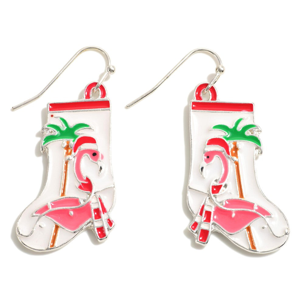 Flamingo Christmas Stocking Enamel Drop Earrings