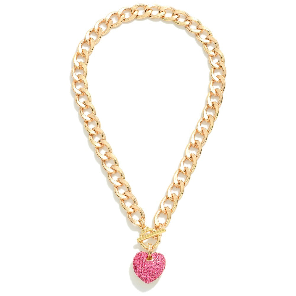 Chain Link Statement Piece Necklace W/ Rhinestone Heart Pendant