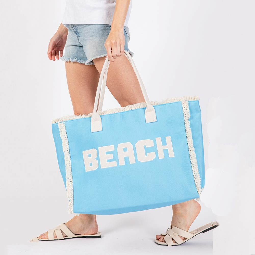 BEACH Embroidered Fringed Tote Bag