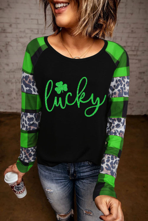 Lucky Clover Leopard Plaid Splicing Long Sleeve Top