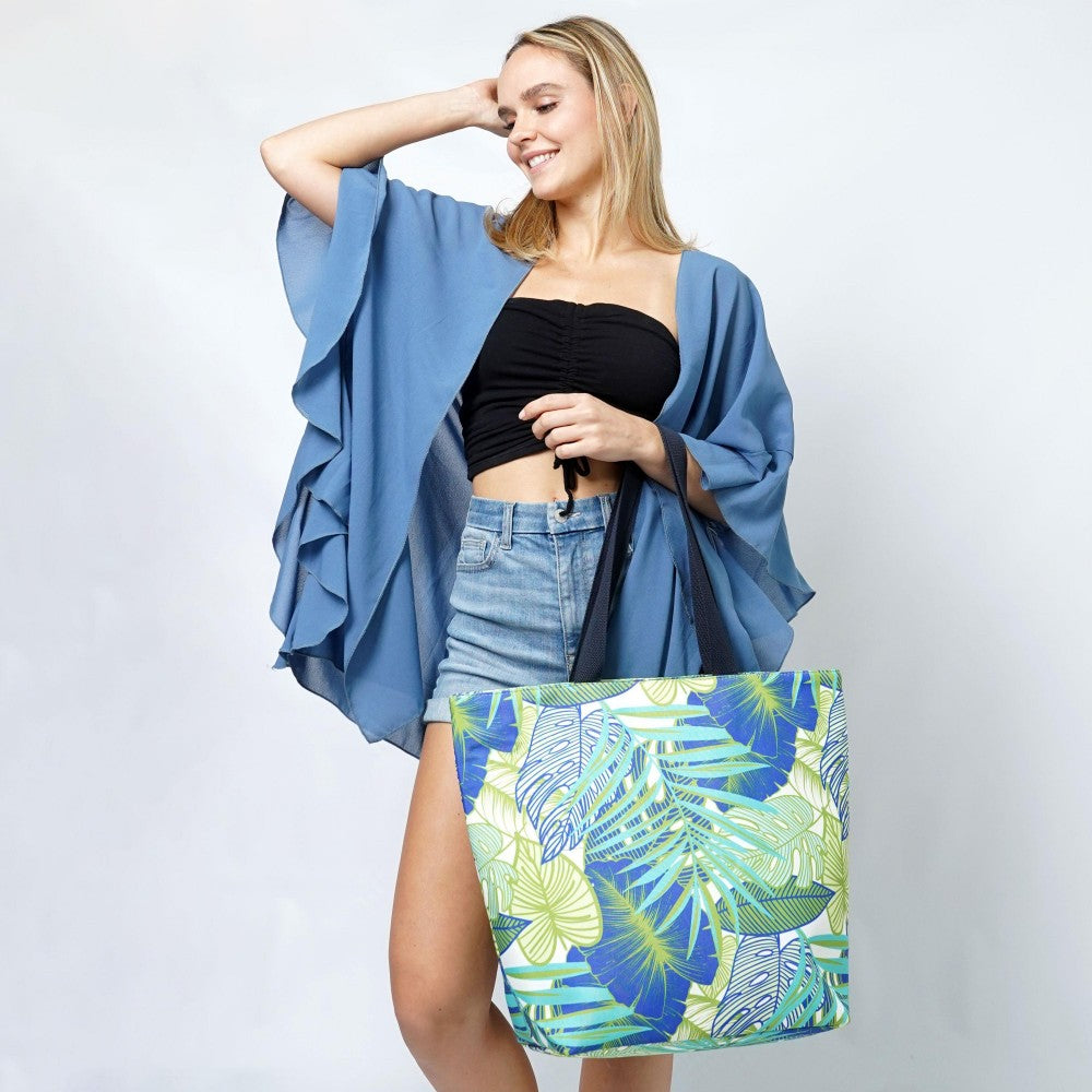 Palm Leaf Printed Canvas Beach Bag