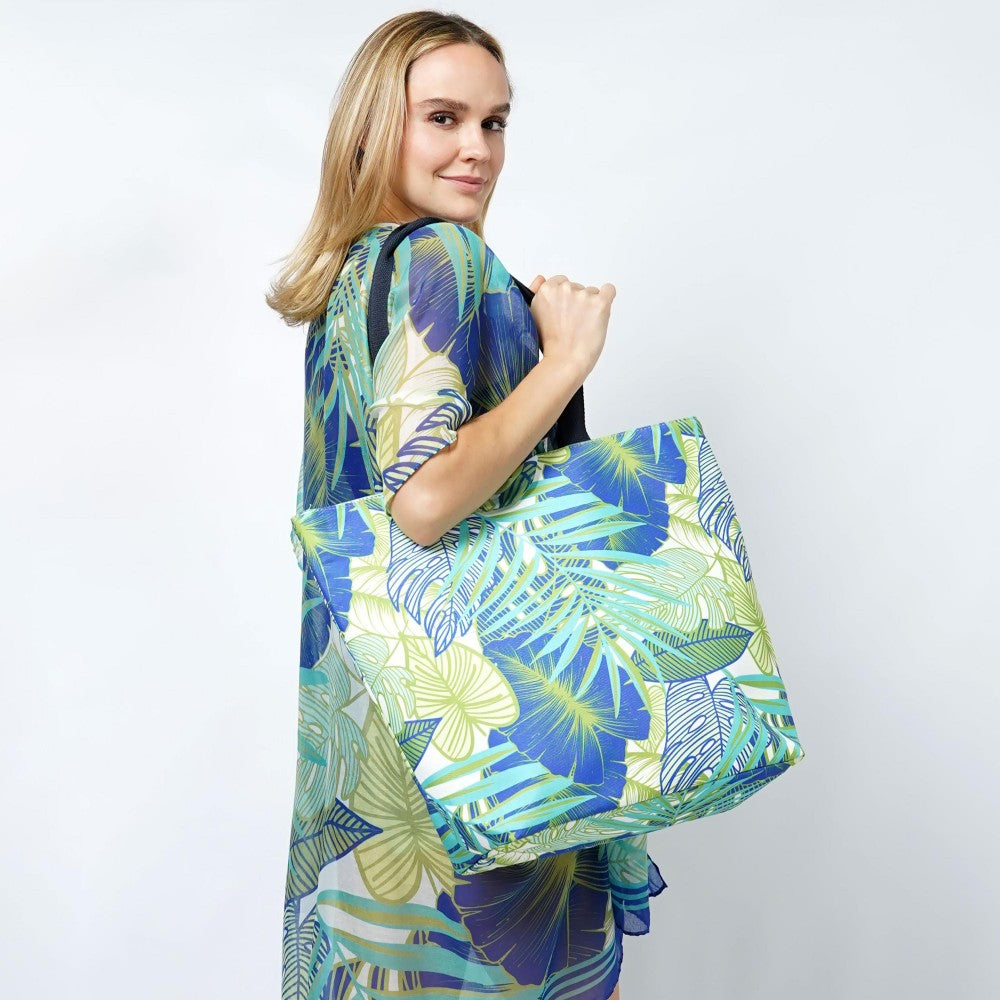 Palm Leaf Printed Canvas Beach Bag