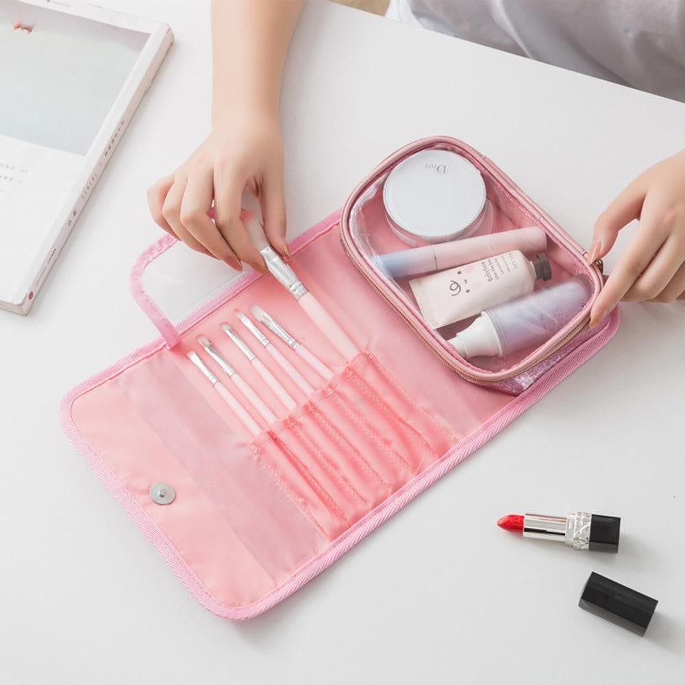 Foldable Glitter Make Up Bag With Vegan Leather Handle