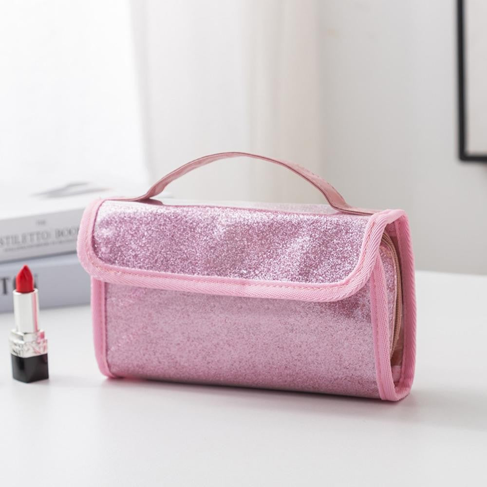 Foldable Glitter Make Up Bag With Vegan Leather Handle