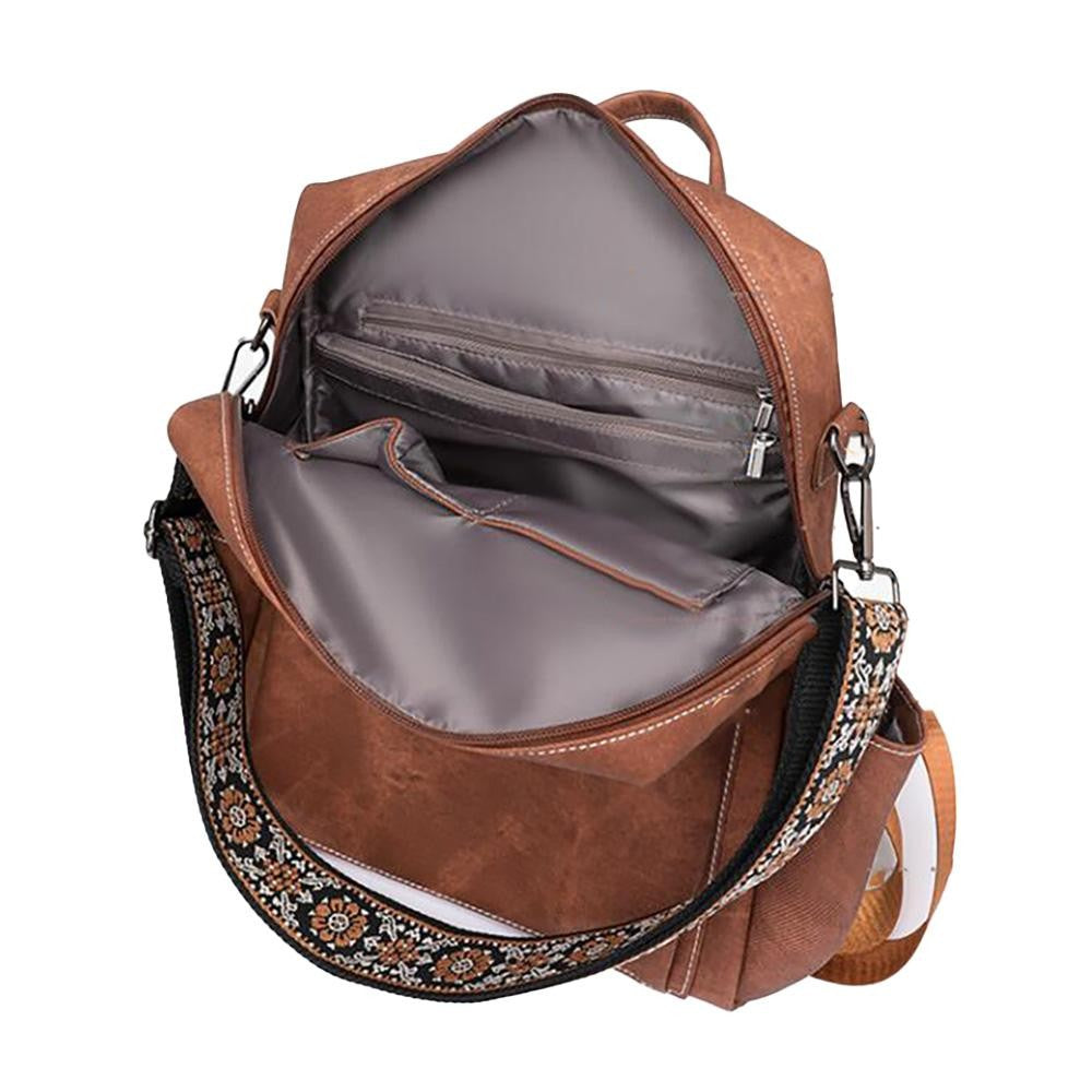 Brown Acid Washed PU Leather Backpack With Guitar Strap & Matching Wristlet