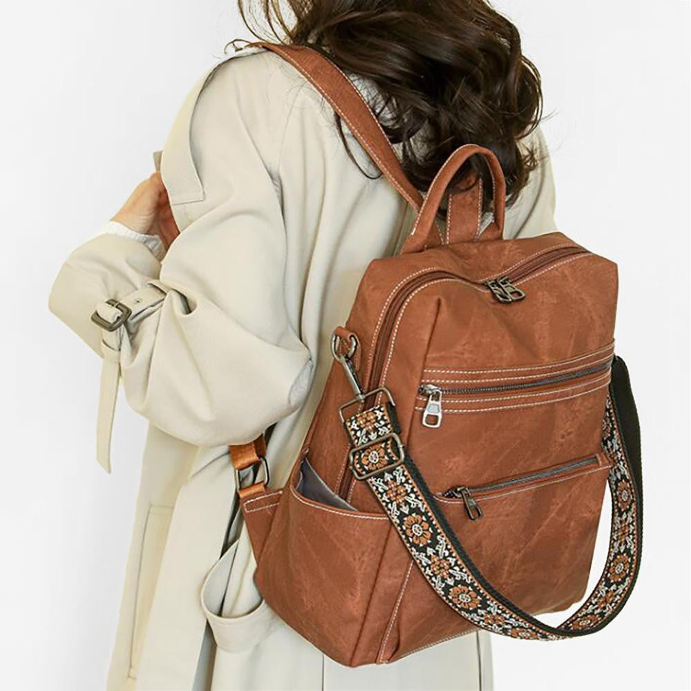 Brown Acid Washed PU Leather Backpack With Guitar Strap & Matching Wristlet