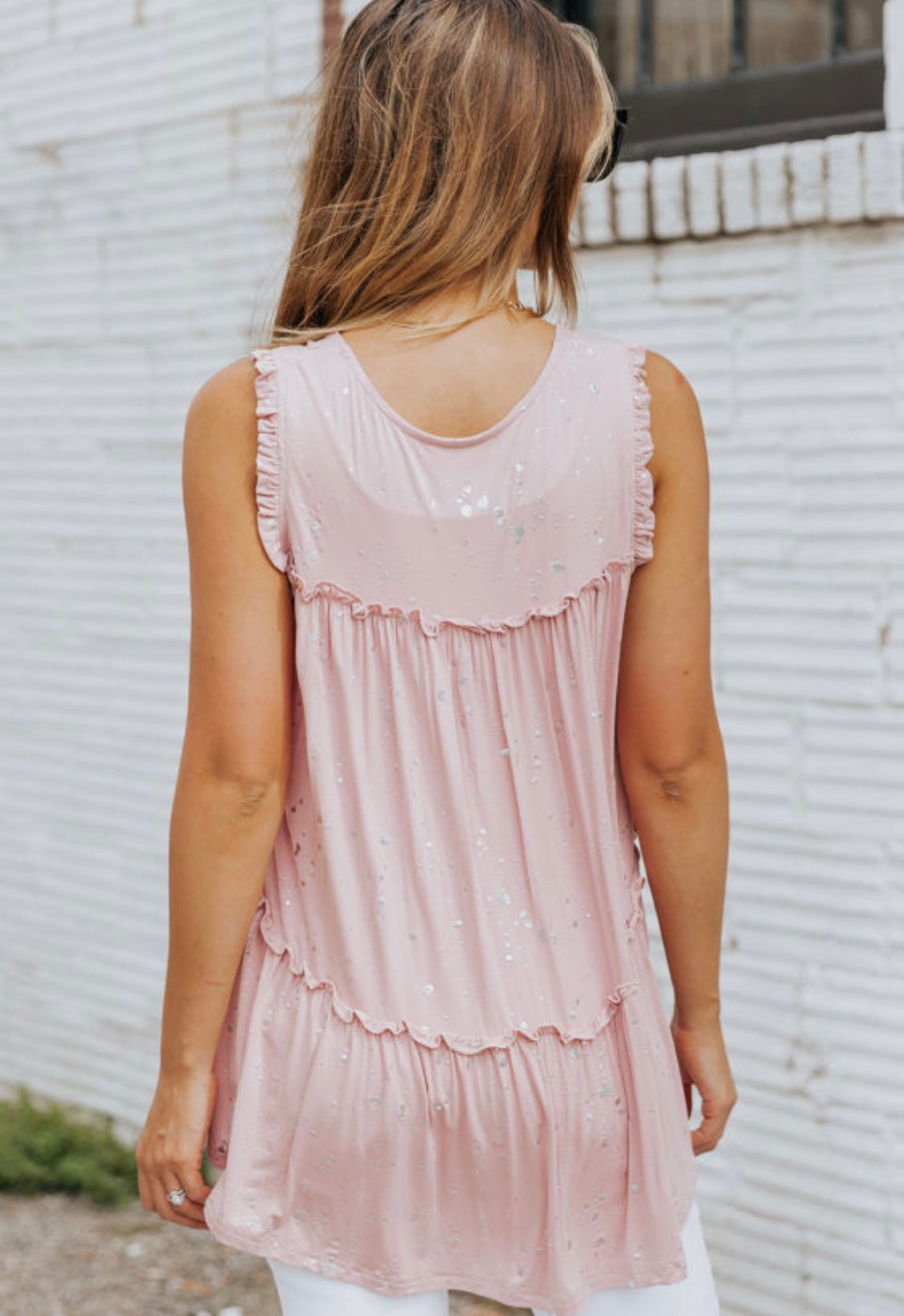Blushing Foiled Splatter Ruffled Babydoll Top