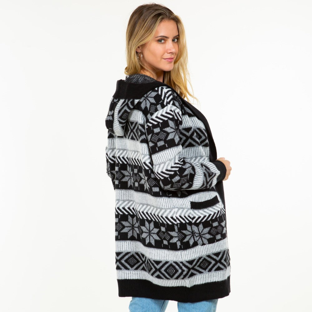 Hooded Knit Abstract and Nordic Snowflake Printed Open Hooded Cardigan