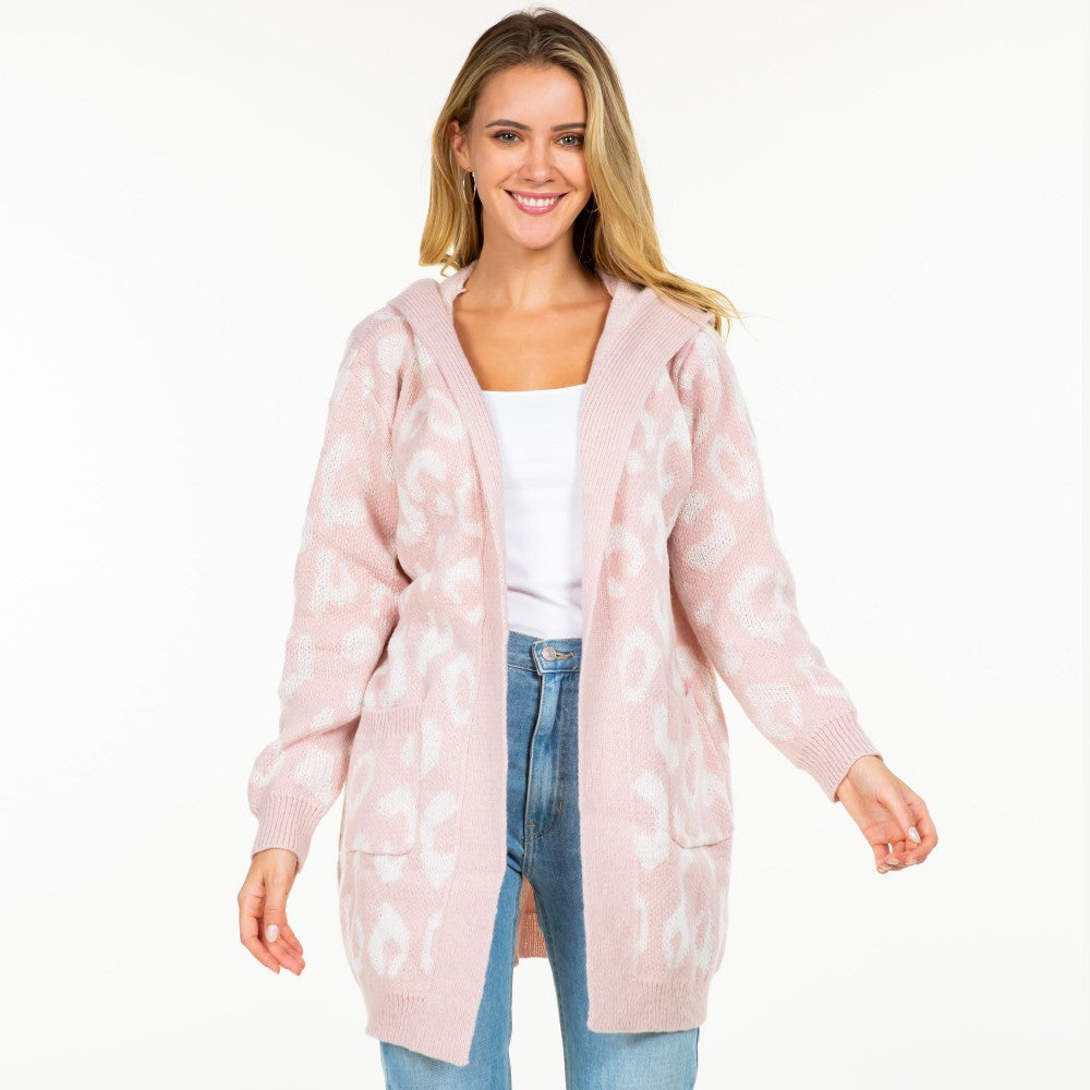 Knit Leopard Print Open Cardigan with Hood and Pockets