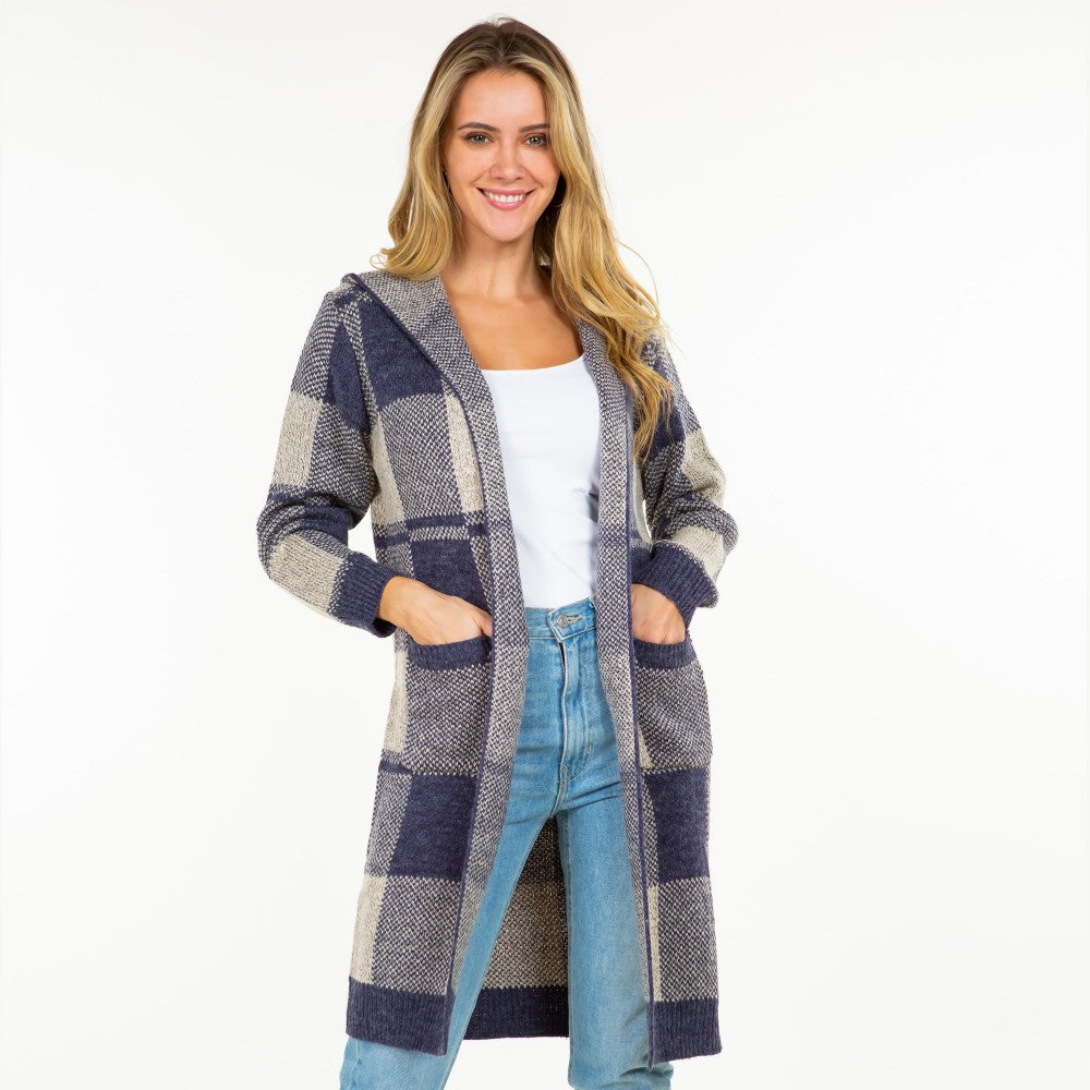 Knit Plaid Long Open Cardigan with Hood and Pockets