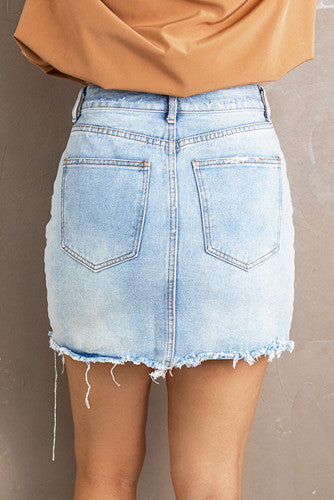 Sky Blue Fading Frayed Hem Denim Skirt
