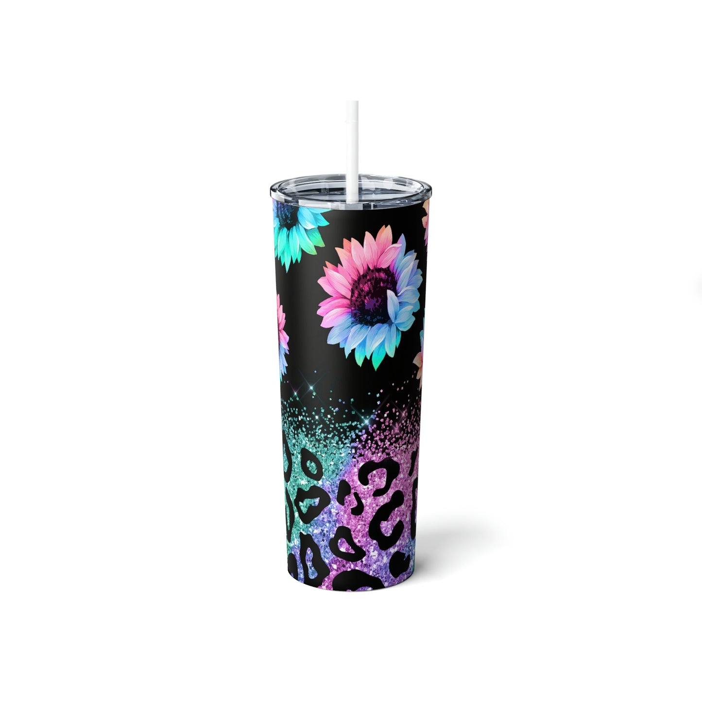 Multi Color Sunflowers & Leopard Print Skinny Steel Tumbler with Straw, 20oz