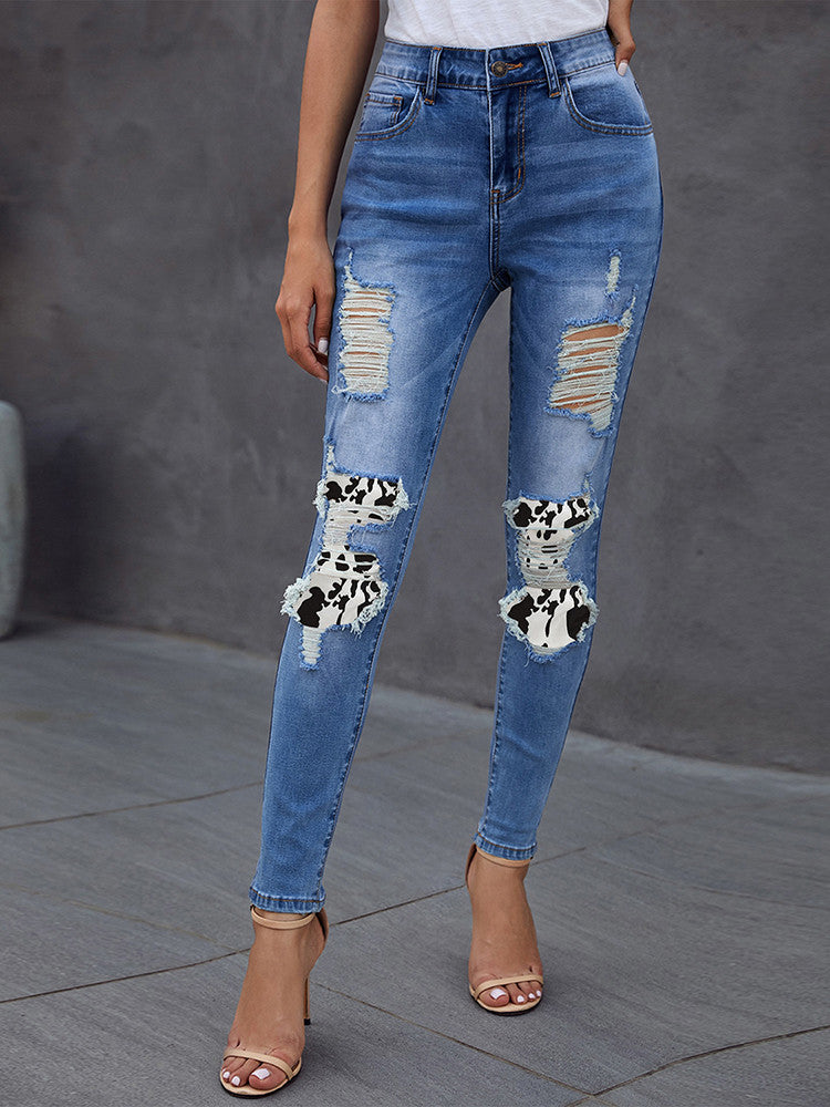 Cow Patchwork Frayed Jeans