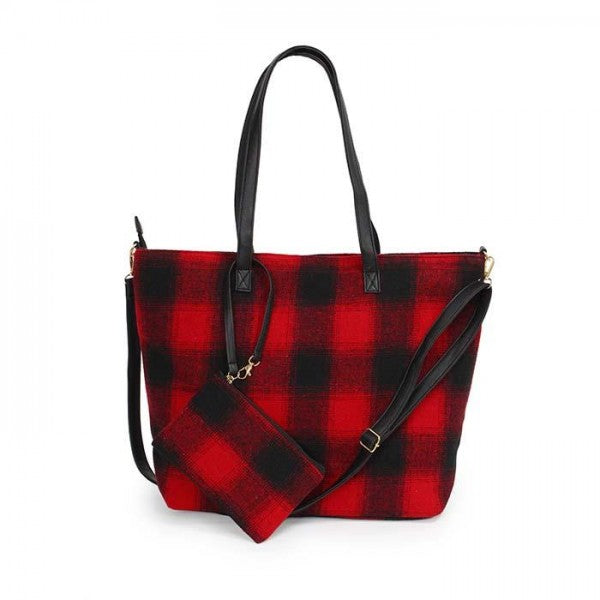 Plaid Flannel Tote Bags With Matching Wristlet Pouch