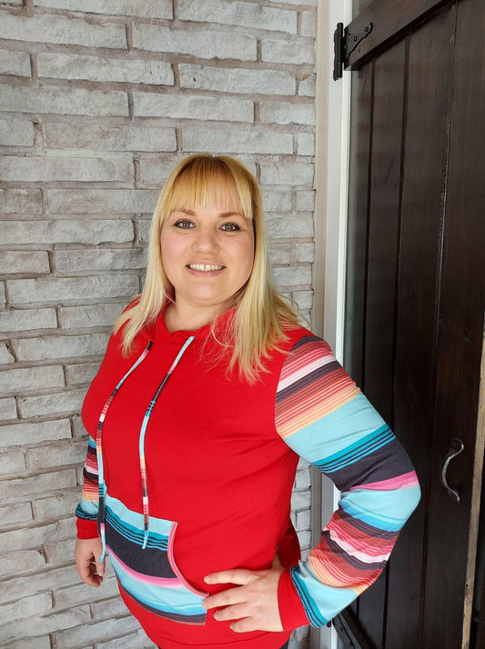 Pocket Drawstring Striped Color Block Hoodie