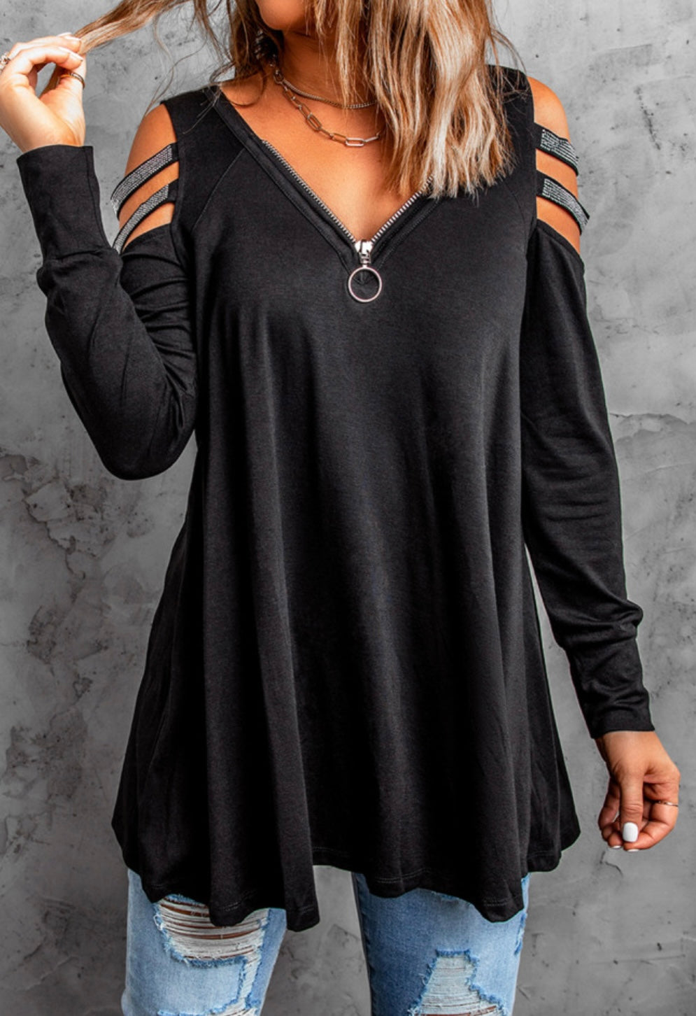 Stacey’s Sequined Cold Shoulder Top