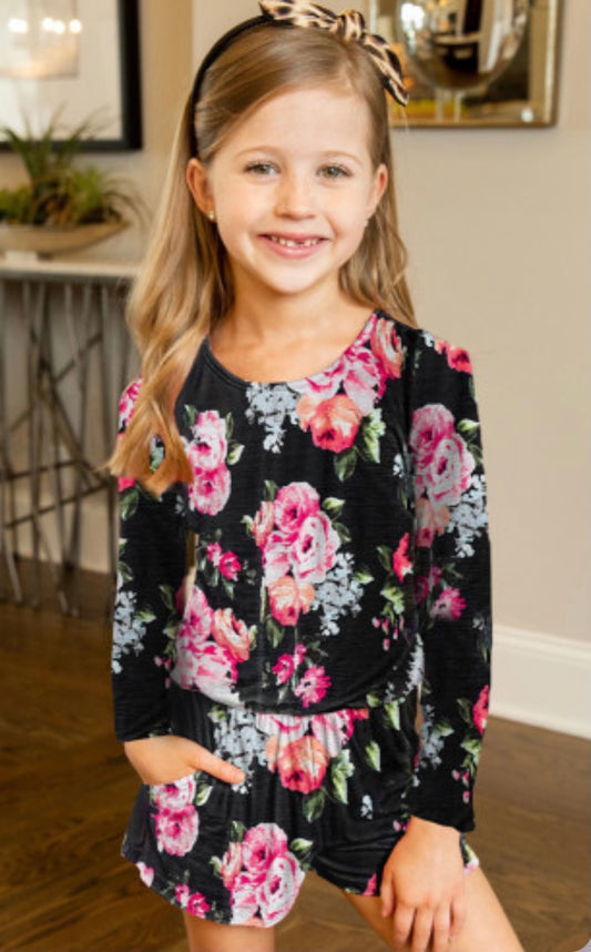 Black Little Girls' Floral Long Sleeve Romper