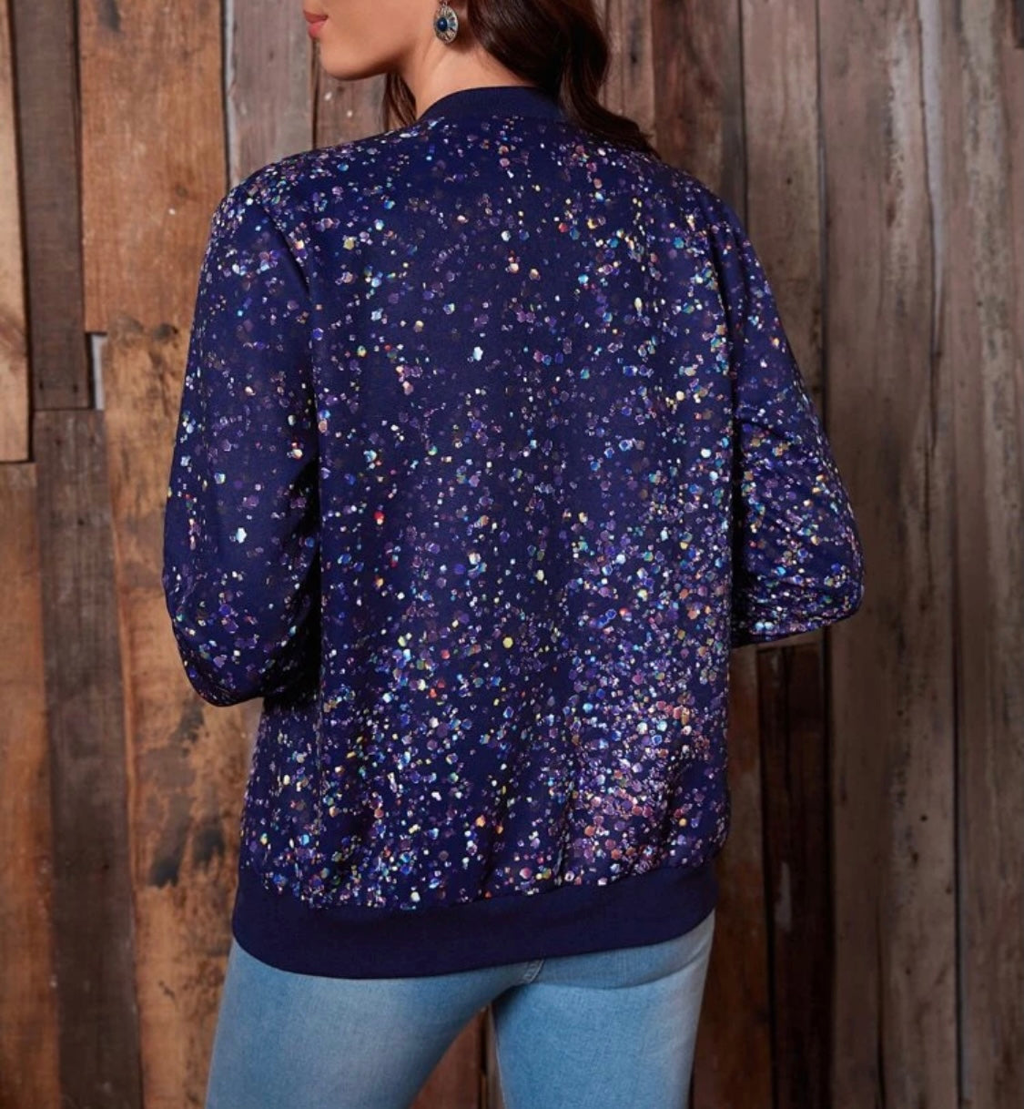 Navy Blue Confetti Bomber Jacket