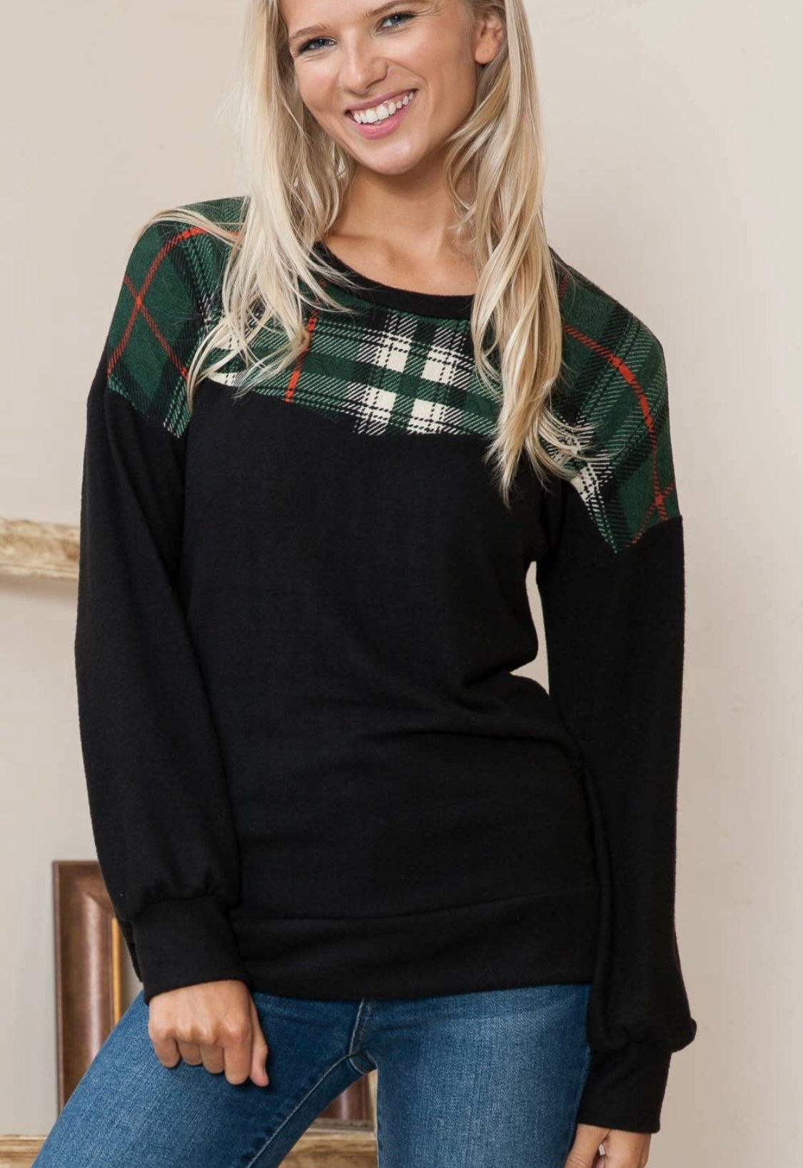 Acting Pro Green Plaid Contrast Long Sleeve W/ Side Slits-Curvy