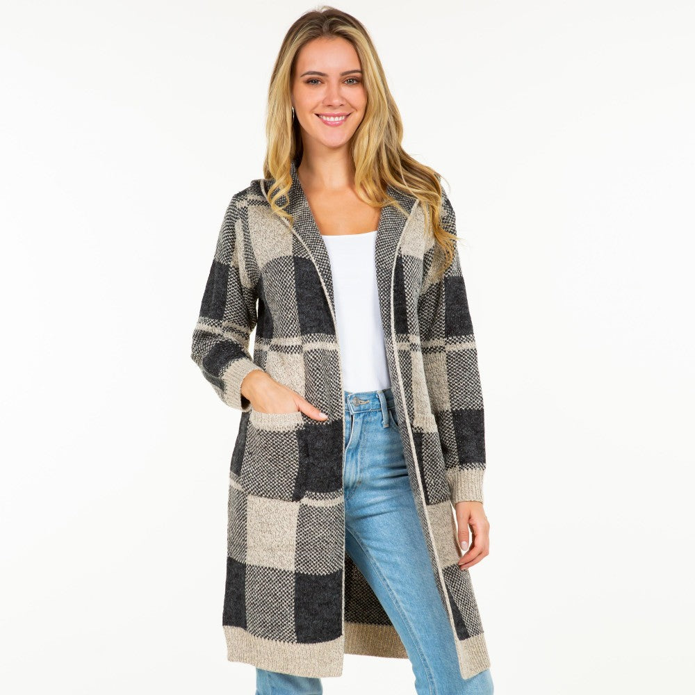Knit Plaid Long Open Cardigan with Hood and Pockets