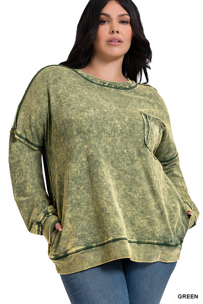 ZENANA ACID WASH PULLOVER W/ POCKETS-Curvy