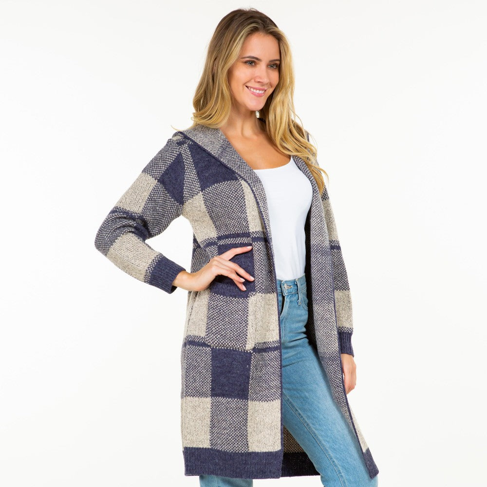 Knit Plaid Long Open Cardigan with Hood and Pockets