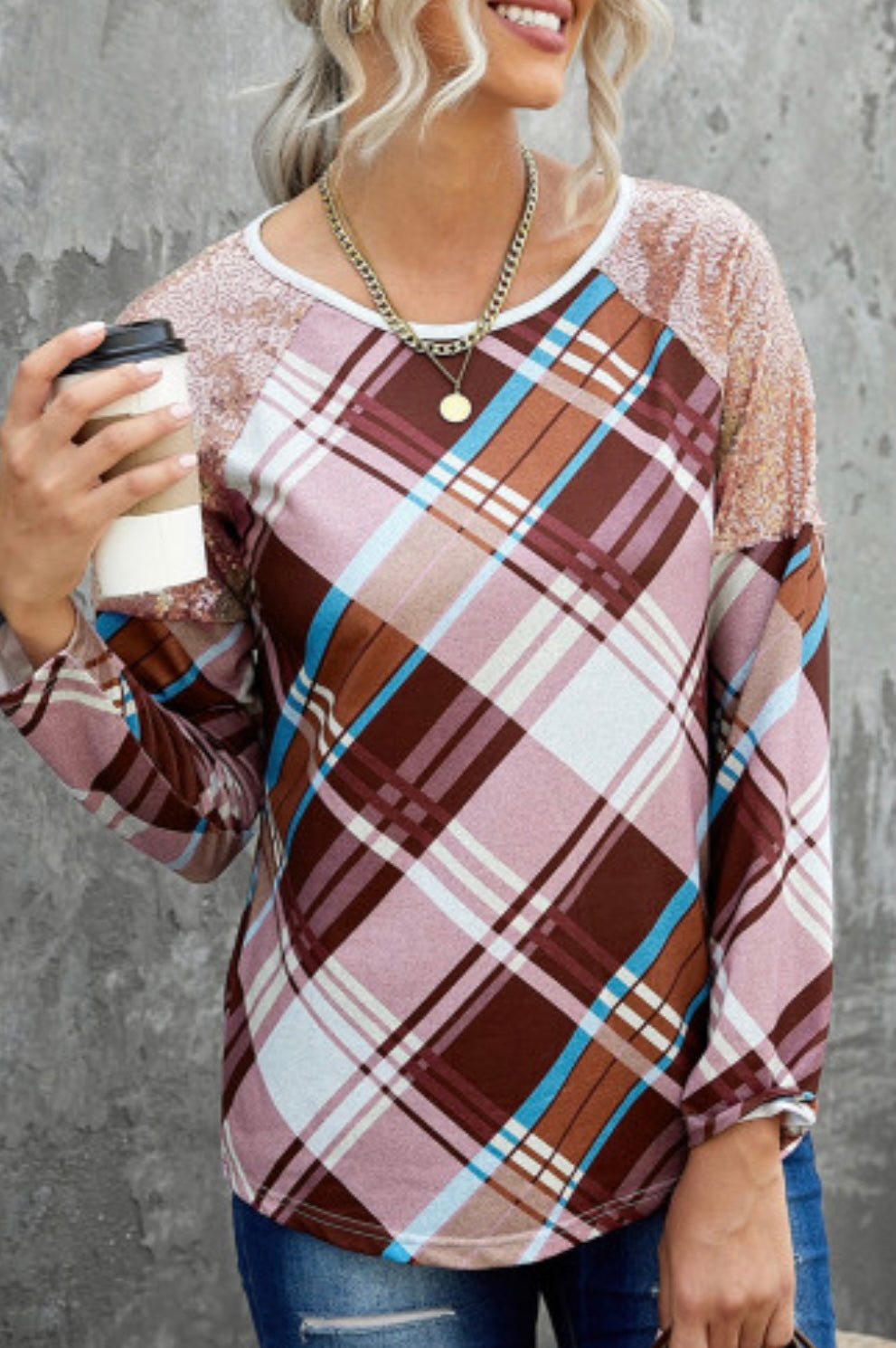 Sequin Shoulder Splicing Plaid Long Sleeve Top