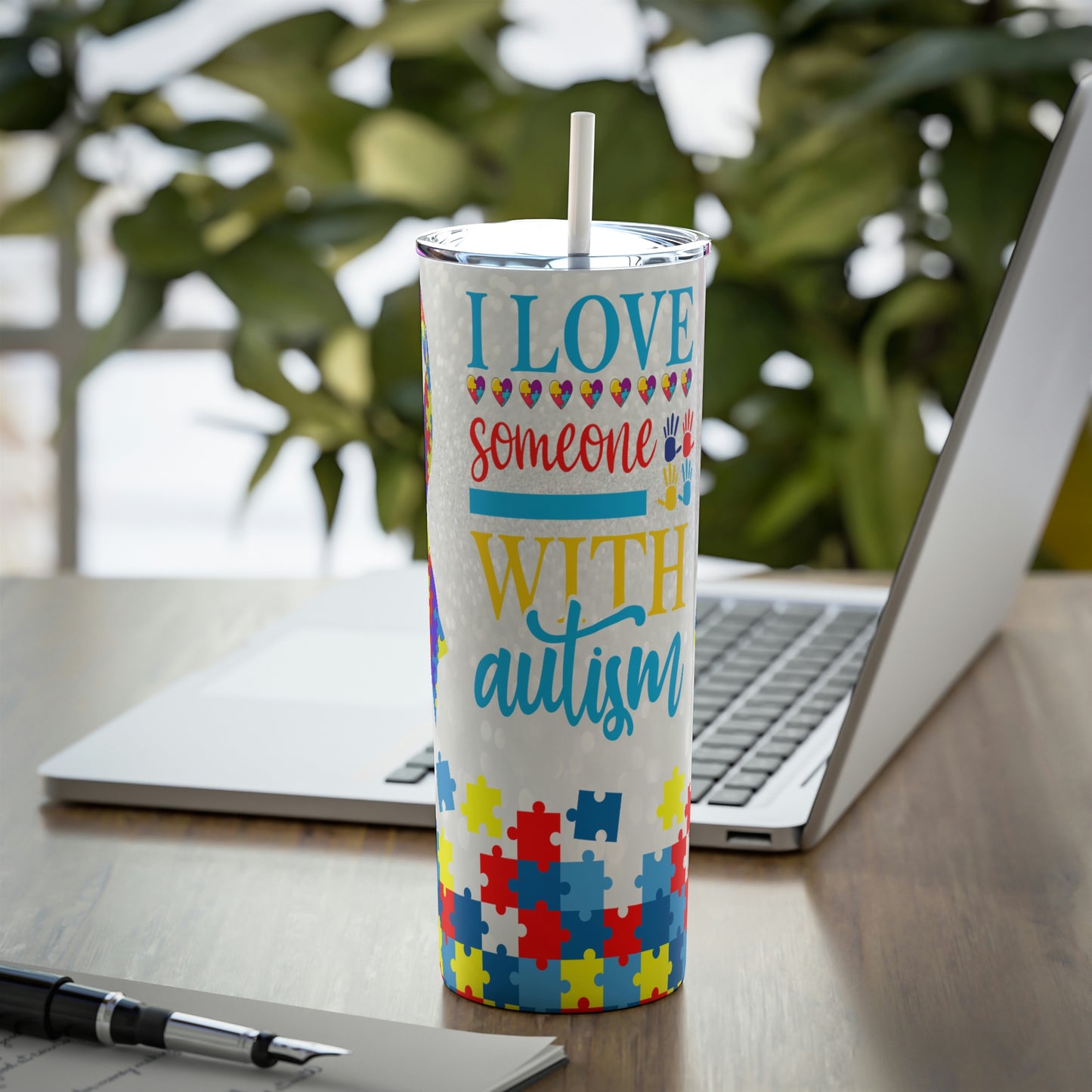 Autism Skinny Steel Tumbler with Straw, 20oz