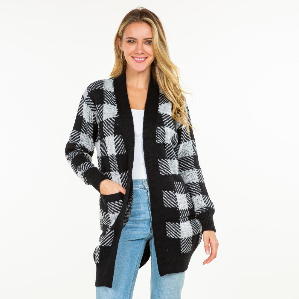 Knit Plaid Open Cardigan with Pockets